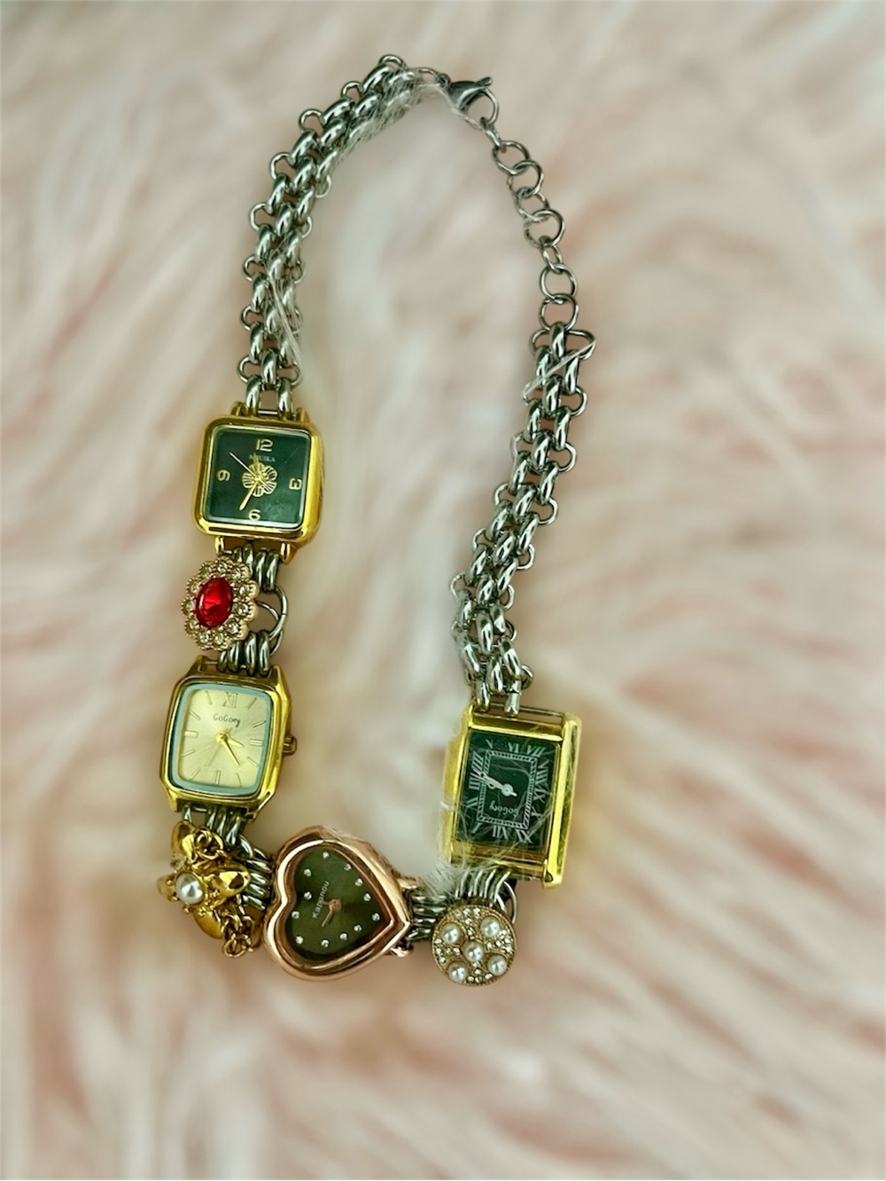 Gold&Silver Multi-Charm Choker w/ Gogoey/MRUIKA/Kapanou Watches, Crystals/Pearls
